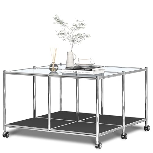 Simplink Mesa auxiliar cuadrada de metal con almacenamiento abierto, color negro mate, mesa de centro cuadrada multiusos con almacenamiento abierto, perfecta para el hogar, la oficina o el dormitorio