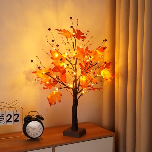 ACAREY Decorazione autunnale albero luminoso per interni con 24 LED, foglia d'acero, luci per l'autunno, con timer, foglie d'autunno, decorazione per Halloween, decorazione per tavolo, autunno, da