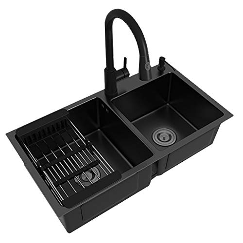 Fregadero Hecho A Mano Cepillado Fregadero Manual Doméstico Fregadero Belfast Fregadero Nano Negro De Doble Tanque Fregadero Manual De Acero Inoxidable para Lavavajillas