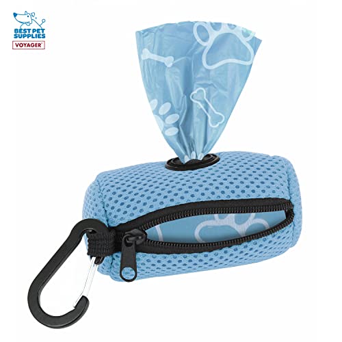 Image of Best Pet Supplies Dog Poop Bag Holder Leash Attachment with Reusable Dispenser for Travel, Walking, Park, and Outdoor Use, Durable with Clip-On - Baby Blue, Mesh Dispenser w /15 Bags