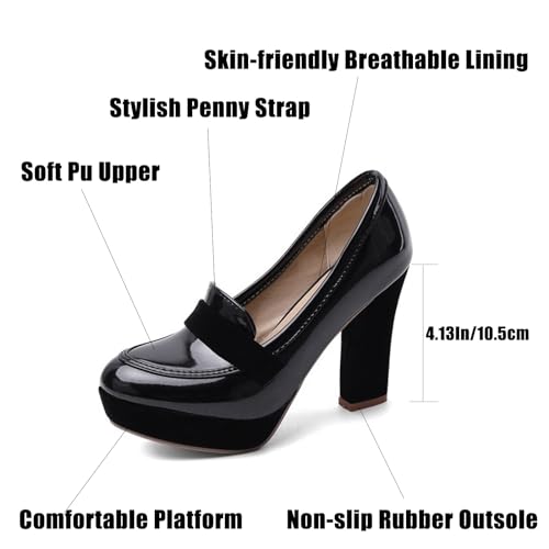 Women's Patent Leather Platform Chunky Heeled Pumps,Fashion Round Closed Toe High Heel Oxford Loafers,Comfortable Non-Slip Slip-On Office Dress Pump Shoes4