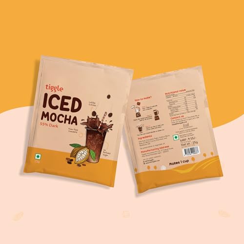 Image of Tiggle Iced Mocha Mix - 55% Dark Chocolate Flakes with Premium Coffee - Cold Mocha in 30 Sec - No Refined Sugar, Preservatives or Vegetable Oil - Rich & Chocolatey - Pack of 10 Sachets (25g Each)