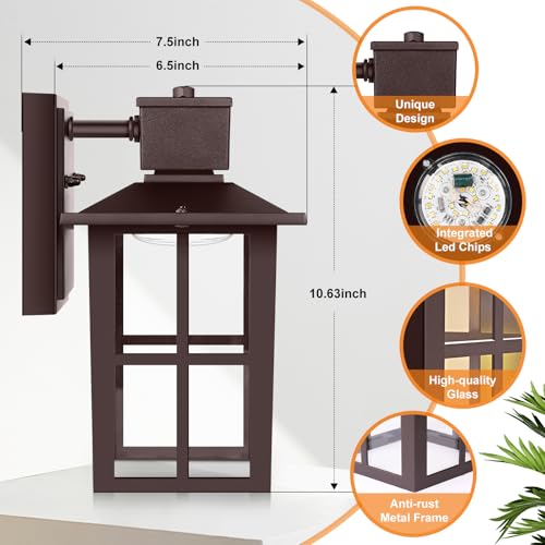 Image of Brightever Outdoor Wall Light Fixture, LED Exterior Wall Lantern Waterproof, 10W 800LM High Brightness, 3000K /4000K /6500K Selectable Brown Patio Wall Lights for House 1 Pack