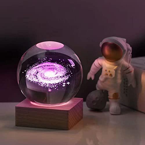 Zoomarlous 3D Milky Way Galaxy Crystal Ball Lamp, 6CM Crystal Ball Night Light with Wooden Base, 7 Colors Changing Light with LED Base, Home Decorative Valentine's Day Gifts