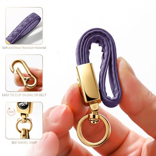 Image of Gkeygo Carabiner Keychain, Universal Heavy Duty Woven Handmade Leather Key Chain, Car Fob Key Keychains with 360 Degree Rotatable Snap Swivel and Anti-Lost D-Ring for Men and Women,Light Gold - Purple