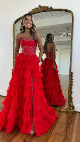 Prom Dresses for Women Sparkly Sequins Tiered Chiffon Formal Dress with Slit Strapless He50953