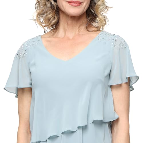 Image of S.L. Fashions Women's V-Neck Chiffon Cocktail Dress with Beaded Shoulders and Asymmetrical Tiers (Petite and Regular Sizes)