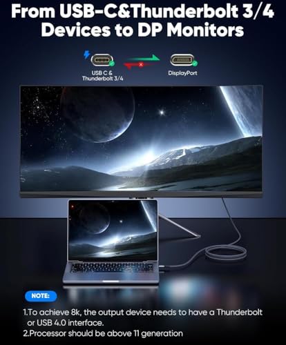 Image of GANIX USB C to DisplayPort Cable 6FT, Type C to DP 1.4 Cable 32.4Gbps 8K@60Hz Braided Thunderbolt 3 /4 to DP Cord Compatible with iPad, MacBook Pro /Air, Surface, iMac, Galaxy, XPS