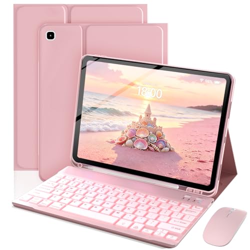 TnbonGip Keyboard Case for Samsung Galaxy Tab S6 Lite 10.4 Inch Mouse and 7 Colors Backlit Detachable Keyboard Adjustable Stand with Pen Slot Auto-Sleep/Wake Feature Pink