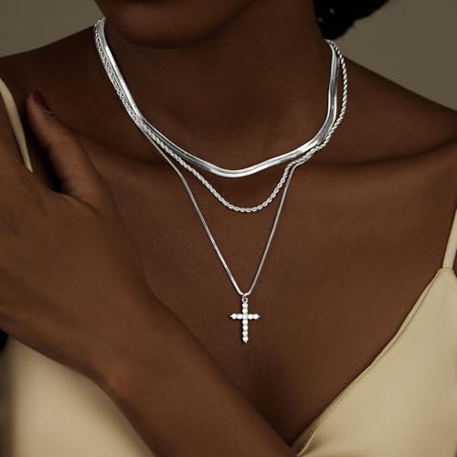 Gold Layered Necklaces for Women 14K Gold Silver Plated Cross Necklace for Women Stackable Herringbone Choker Twisted Rope Chain Cross Pendant Necklace Trendy Waterproof Non Tarnish Christmas Faith Gifts2