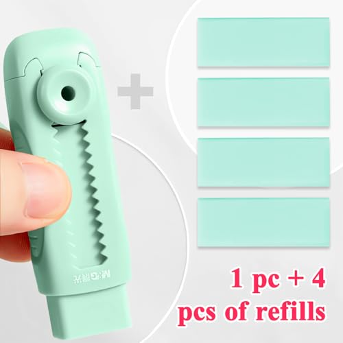 Image of M&G 4+1 Pack Rubber Erasers Sliding Retractable Eraser, Soft Cute Erasers Push Pull Large Pencil Eraser with Plastic Sleeve 4 Refill Eraser for Students Kids, School Office Home Supplies (Green)