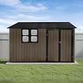 10x8 Ft Storage Shed Outdoor, Large Permanent Steel Building with Window, Lockable Doors and 4 Air Vents for Backyard Garden Patio Lawn - Brown
