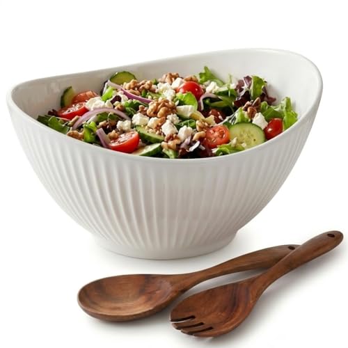 Hoilse 60Oz Large Ceramic Salad Bowl With Acacia Wood Utensils, 10' Oval White Serving Bowl For Soup, Pasta, Fruit, Snacks – Mixing Bowls For Entertaining, Party, Kitchen, Dinner – Housewarming Gift