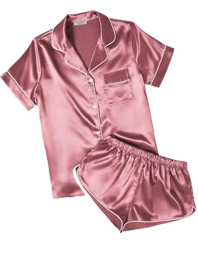 Ekouaer Valentines Day Pajamas for Women Short Sleeve Sleepwear Soft Button Down Loungewear 2 Piece PJS Shorts Set Dusty Rose Medium