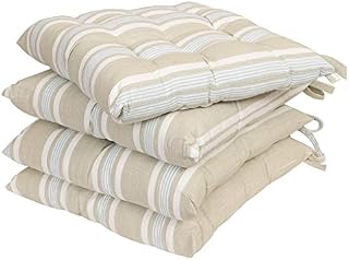 Set of 4 Seat Pads Blue & White Pastel Striped Tie-On Dining Chair Cushions (BK14)