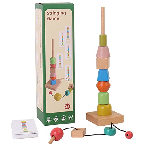 Pomrone 2 Pcs Ensemble de Perles de laçage - Jeu de Ficelle empilable en Bois pour Ficelle - Apprentissage préscolaire éducatif Jeu de Blocs de Construction Montessori Cover