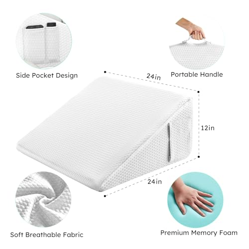Image of Bedluxe Wedge Pillow, 12 inch Bed Wedge Pillow for Headboard, Pillow Wedge for Acid Reflux Relief, Sleeping, After Surgery, Snoring, Gerd, Triangle Pillow Wedge - Cooling Memory Foam Top, White