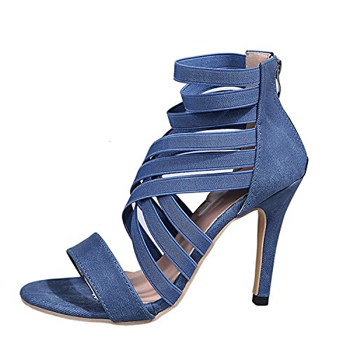 Liuyuetao Damen Knöchelriemen Offene Zehen Stilettos Sexy Sandalen Ausschnitt Kleid Pumps Schuhe Bandage Peep Toe Reißverschluss hinten Wildleder Stilettos (Blue,36) Cover