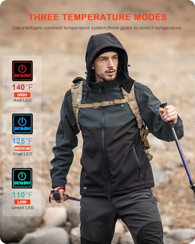 DEWBU Soft Shell Heated Jacket for Men with 12V Battery Pack and Detachable Hood Outdoor Electric Heating Coat4