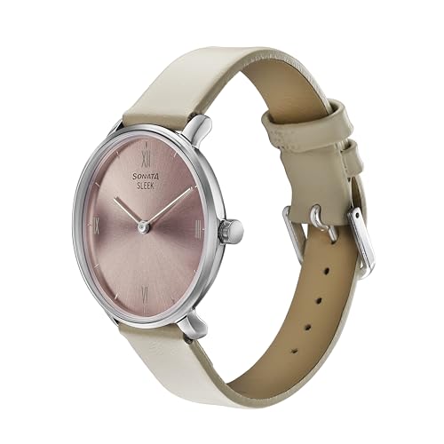 Image of Sonata Sleek Quartz Analog Pink Dial Beige Leather Strap Watch for Women-8191SL01