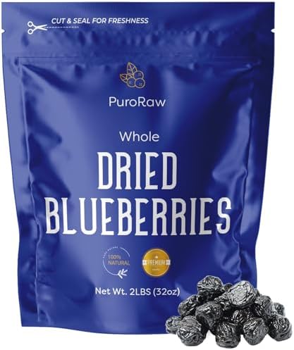 PuroRaw Dried Blueberries No Sugar Added, 2 lbs. Blue Berries Fruit, Dehydrated Blueberries Fresh Dried Blueberries Bulk, Blueberry Raisins. All Natural, Non-GMO, Batch Tested, 2 pounds