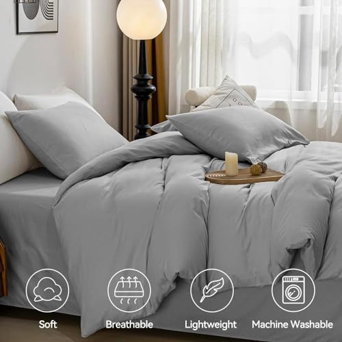 Image of JELLYMONI Cotton Duvet Cover Twin Size - 100% Washed Cotton Linen Like Textured Comforter Cover, 2 Pieces Breathable Soft Bedding Set with Zipper Closure (Light Gray, Twin 68 inchx90 inch)