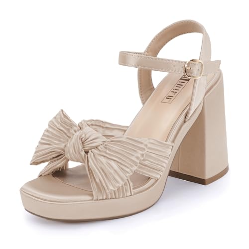 IDIFU IN4 Platform Chunky Block High Bow Heels Square Open Toe Slingback Heeled Sandals Bride Bridesmaid Wedding Bridal Prom Dress Shoes Comfortable Dressy Cute Ankle Strap Thick Heels