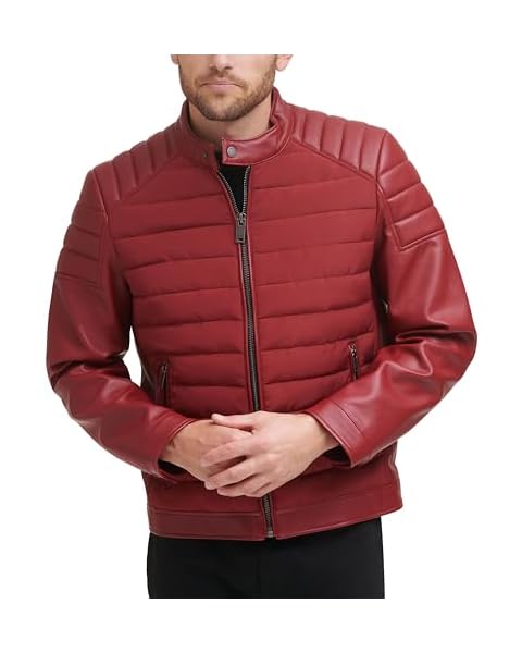 DKNY Men's Mixed Media Faux Leather Puffer Motocros Racer Jacket, Red, Large