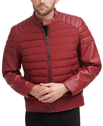 Image of DKNY Men's Mixed Media Faux Leather Puffer Motocross Racer Jacket