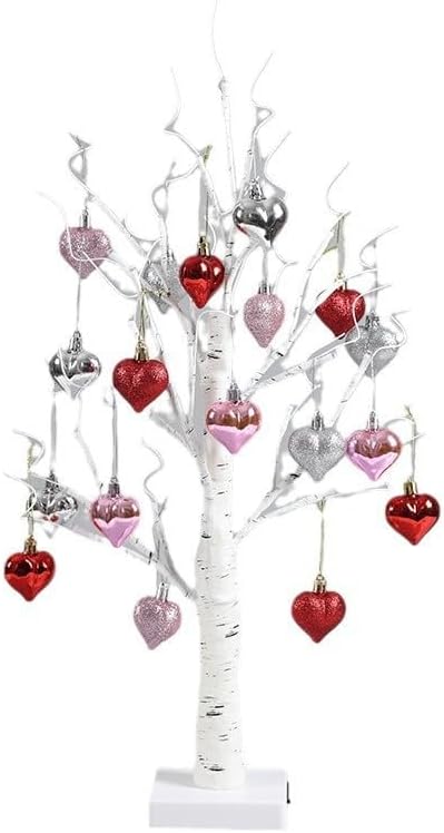 Árbol de abedul blanco iluminado de 24 pulgadas  Decoración de mesa para el día de San Valentín con corazones colgantes, temporizador y doble