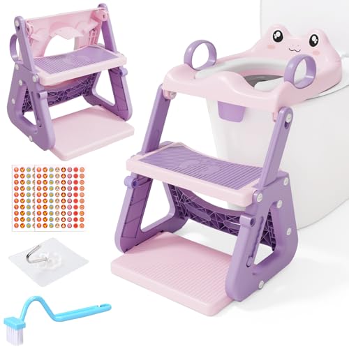 ZUSUZU Adaptador WC Niños con Escalera,Estabilizar Reductor Wc Niños con Estructura Triangular,Inodoro de Entrenamiento 3 en 1 para Niños,Cojín de PVC Impermeable,Antideslizante y Plegable,Rosa