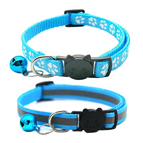 2 Pack Cat Collars Quick Release Reflective Kitten Collar with Bell & Safety Release (Light Blue)