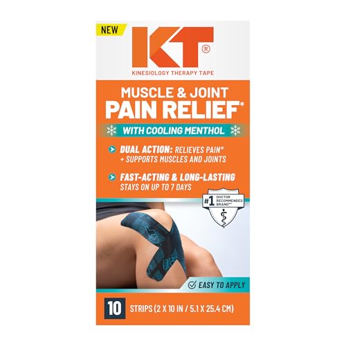 KT Tape Muscle and Joint Support Every Day Pain Relief Menthol Infused Kinesiology Tape Precut Strips Easy Application Long-Lasting & Hypoallergenic Adhesive 10 Count