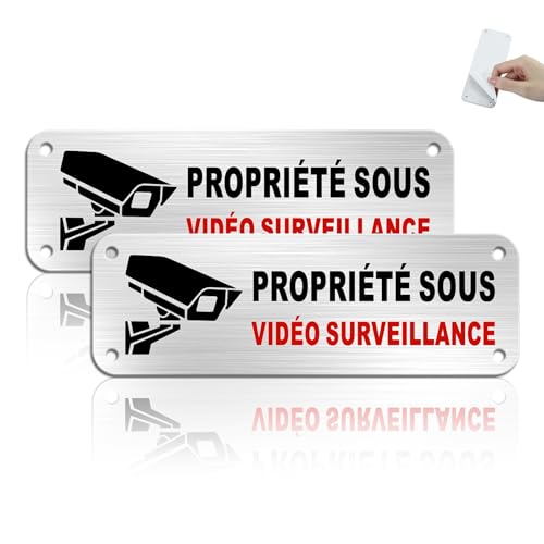 TAKULA Propriété sous Vidéo Surveillance, 15 * 5CM Videosurveillance Sticker Panneau Camera Surveillance, Panneau Alarme Aluminium, 2 Panneaux en Métal...