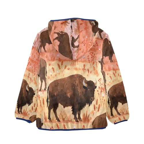 Buffalo Herd in Autumn Landscape Toddler Fleece Jacket Girl Boys Hooded Fleece Jacket Coat Warm Outwear Zip-up 3-10T2