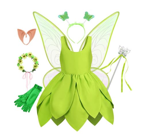 Nsywmzy Halloween Fairy Costume Dress For Girls Princess Tutu Dresses Skirt Butterfly Wing Wand Hair Hoop Birthday Party Gift (Green 7 Pieces Set, 12-24 Months)