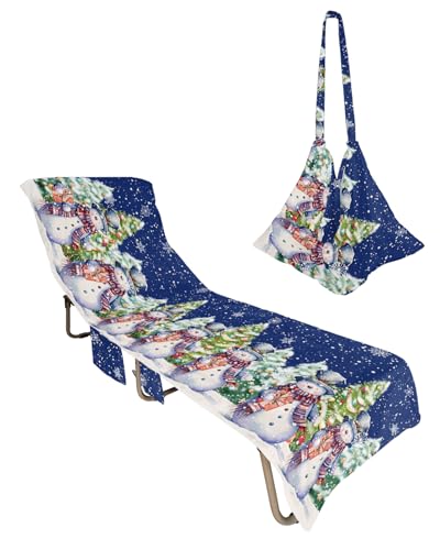 Navy Blue Christmas Snowman Beach Lounge Chair Towel Cover, Soft Chaise Lounge Towel with Side Pockets Patio Pool Chairs Cover for Beach/Pool Sunbathing 29x85 Xmas Winter Snowflake Tree