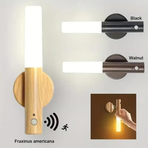 Image of Rechargeable Motion Sensor Night Light, Magnetic Portable BedsideLight, Battery Powered LED Wall Light, Wireless Stair Light for Bathroom, Hallway, Bedroom(Walnut Wood 2PCS)
