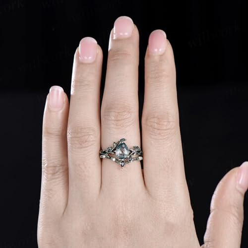 Pear Cut Moss Agate Engagement Ring Set for Women 1.5CT Natural Moss Agate Wedding Ring Set Sterling Silver 10K 14K 18K Gold Bridal Rings Set Size 4-124