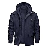 Chaqueta vintage con capucha y cordón para hombre, con múltiples bolsillos, cálida, para el trabajo, senderismo, azul marino, 3XL