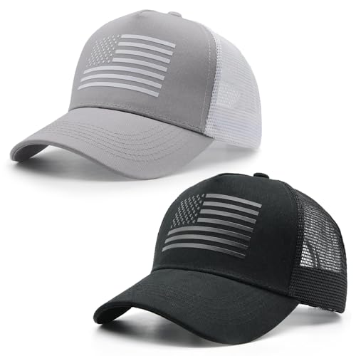 Image of 2 Packs American Flag Trucker Hat, Adjustable Mesh Snapback Baseball Caps for Men Women