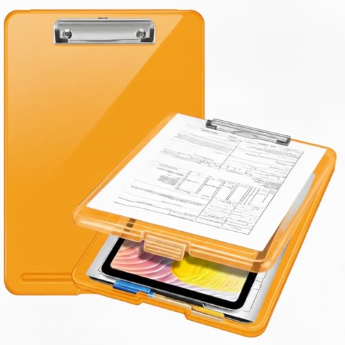 Image of Yajnas A4 Size Clipboard with Storage Box | 180 Foldable Exam Pad & Writing Board | Heavy Duty Plastic File Folder with Pen Holder & Paper Storage for Students, Office & Field Use (Saffron)