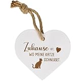 spruchreif | piccolo cuore vintage casa è... gatto | cartello in legno con incisione e cordoncino| idea regalo per gli amanti dei gatti | decorazione shabby chic da appendere | 12,5 x 11 x 1,3 cm