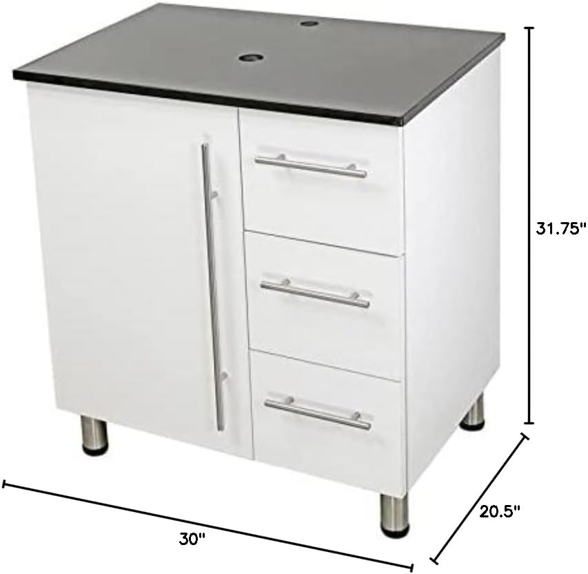 30" Freestanding Bathroom Vanity, White Texture Embossed. Black Flat Stone Countertop