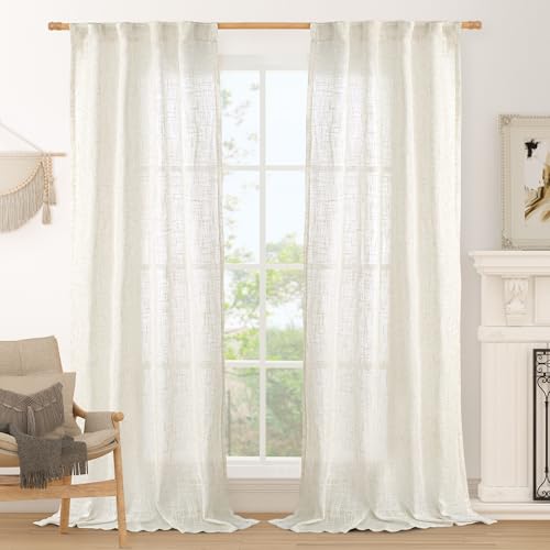 LAMIT Cream Linen Curtains for Living Room 84 inch Length 2 Panels, Light Filtering Semi Sheer Panels Back Tab and Rod Pocket Boho Drapes for Bedroom/Farmhouse, 38 x 84 Inch