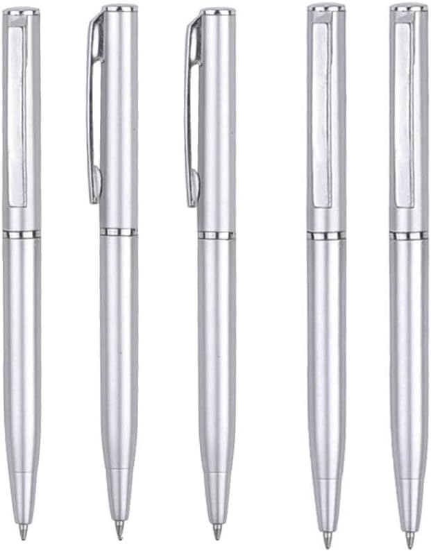 Rosojodg 5 bolígrafos pequeños plateados pequeños, retráctiles, bolígrafos cortos de acero inoxidable con accesorios de cobre, bolígrafo pequeño personalizado para bolsillos de negocios