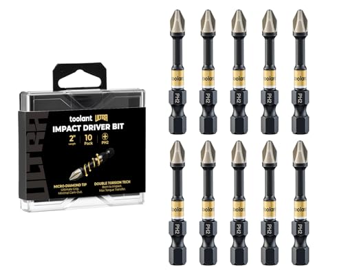 Image of toolant PH2 Phillips Impact Bit Set, 2 Inch, 10-Piece, Magnetic | S2 tool steel construction, precision-machined tips, anti-slip profile, magnetic retention, impact-driver use