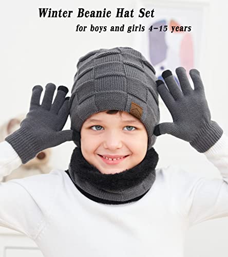 Image of KMOLY Kids Winter Beanie Hat Scarf Touchscreen Gloves Set for Boys Girls 4-15 Years Warm Skull Cap Fleece Lined Knitted Hat