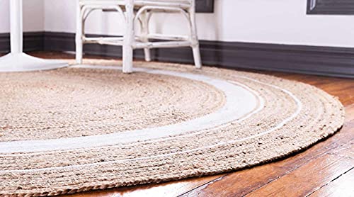Image of Jute Braided Natural Hand Woven & Reversible Rug for Living Room Kitchen Entryway, Farmhouse Rustic Burlap Carpet Floor Mat (Whitejute, 150cm)