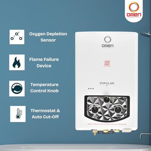 Image of Omen Changing Lives Popular 6L Gas Water Heater | Instant LPG Gas Geyser | Wall Mounted | Auto Ignition | Flame & Water Control | Summer-Winter Mode | Copper Heat Exchanger | Bathroom & Kitchen